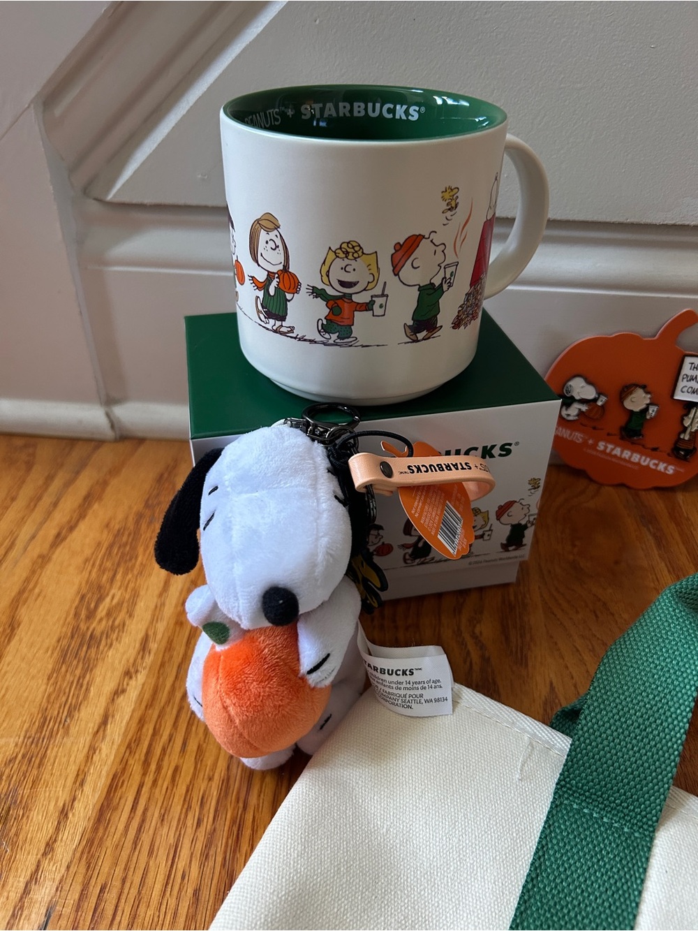 Starbucks Peanuts Snoopy Charlie Brown Bundle Tote Keychain Pins Glass Cup - Picture 3 of 6